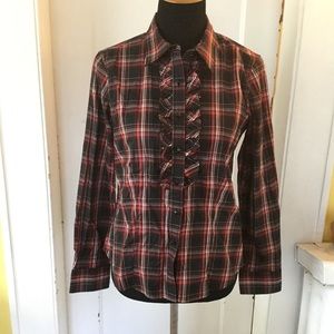 Talbots 10 petite plaid ruffle button down blouse